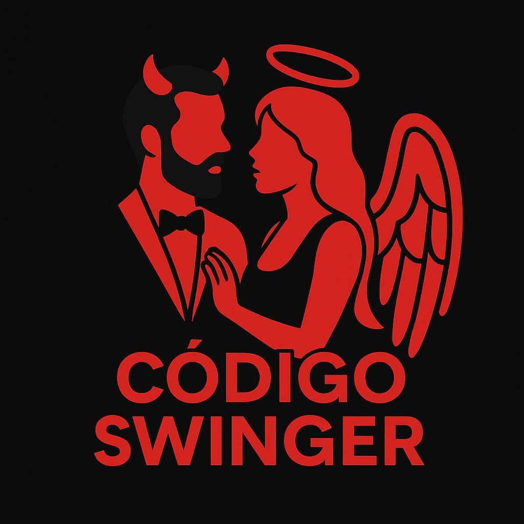 Logo de Código Swinger con un hombre y una mujer elegantes con cuernos él y una corona angelical ella