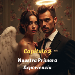 Hombre y mujer swingers con corona angelical y cuernos. Pareja elegante